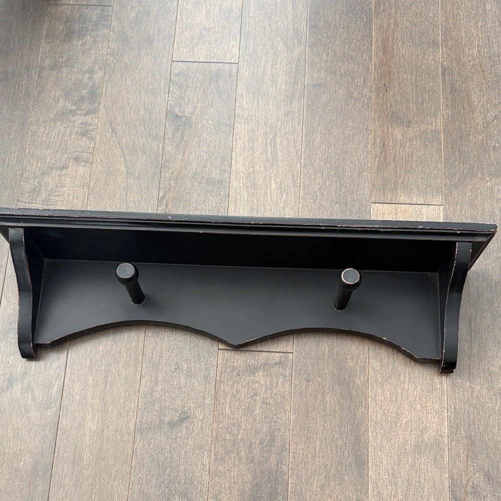 Vintage Black Wood Wall Shelf with Pegs, Storage Decor Farmhouse Kitchen Display